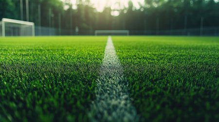 Empty overseas soccer field with green grass, close-up of the sidelines, with space for text or brandingの素材
