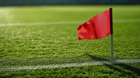 Close-up of the corner flag in an overseas soccer stadium, no players, with plenty of copy spaceの素材