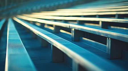 Close-up of empty bleachers in a stadium, soft lighting, with copy space for message or brandingの素材