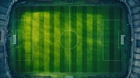 Overhead shot of an international sports stadium, no people, clean field with room for textの素材
