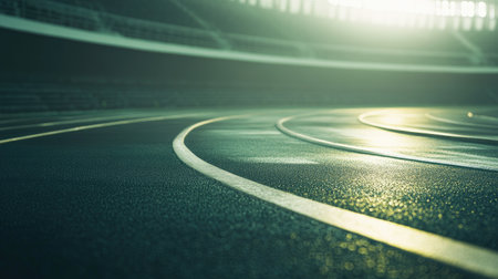 Close-up of an empty track curve in a stadium, no athletes, soft lighting with room for textの素材