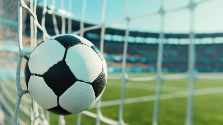 Close-up of football in the goalpost area, empty stadium with space for text or brandingの素材