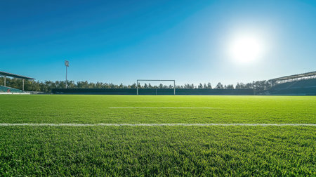 Empty goalpost in a large overseas stadium, clear sky and wide open field, with copy spaceの素材