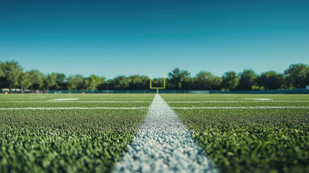 Close-up of football on the field with chalk lines, no players, clear sky for copy spaceの素材