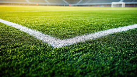 Close-up of the chalk lines on a soccer field, no players, with a clean background and space for textの素材