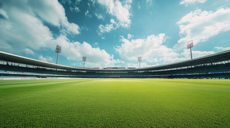 Empty overseas cricket stadium with clear skies, wide-angle view with ample room for textの素材