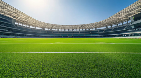 Empty overseas arena with green field, goalposts visible, with ample room for textの素材
