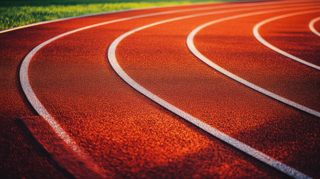 Close-up shot of a stadium track lane, no runners, clean background with room for text or logoの素材