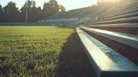 Empty stadium bleachers with football on the grass, soft lighting with wide open space for copyの素材