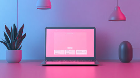 A laptop with an ecommerce website open, abstract background, with space for copy or brandingの素材