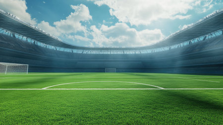 Empty overseas arena with green field, goalposts visible, with ample room for textの素材