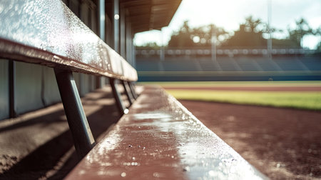 Detailed shot of empty dugout in a baseball stadium, clear background with ample copy spaceの素材