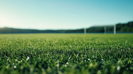 Football on a grassy field, close-up shot, with goalposts in the distance and space for textの素材