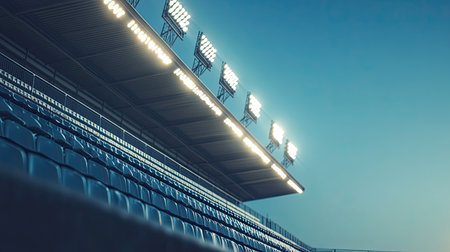 Empty bleachers and stadium lights in close-up, with open sky for copy spaceの素材