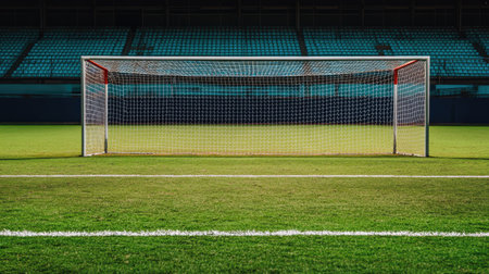 Empty overseas soccer goal with stadium seating in the background, with space for textの素材