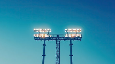 Detailed shot of overseas stadium lights, no audience, with wide sky for copy spaceの素材