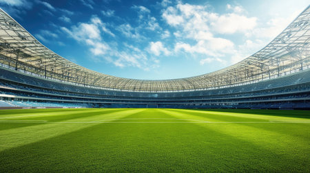 Wide-angle view of an overseas soccer stadium, empty stands and field with ample copy spaceの素材
