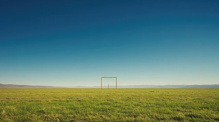 Football placed in the center of the field with goalposts in the distance, clear sky and room for textの素材