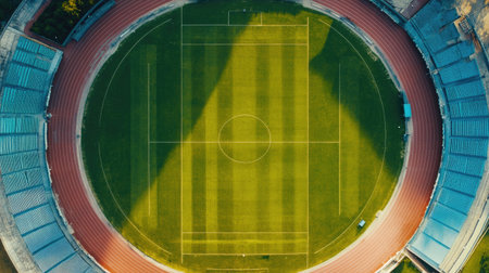 Overhead shot of an international sports stadium, no people, clean field with room for textの素材