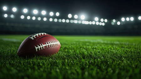 Football resting on grass with stadium lights in the background, empty bleachers and space for copyの素材