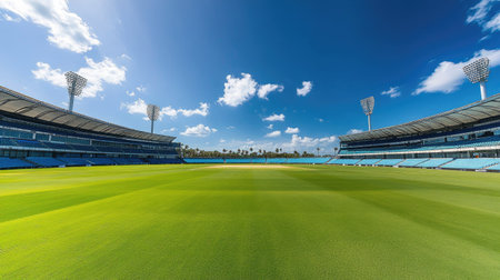 Empty overseas cricket stadium with clear skies, wide-angle view with ample room for textの素材