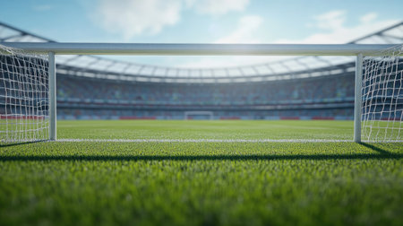 Detailed shot of a stadium's goalpost, no people in view, clear background with space for textの素材