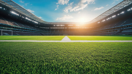 Wide-angle view of an overseas soccer stadium, empty stands and field with ample copy spaceの素材