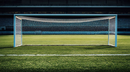 Empty overseas soccer goal with stadium seating in the background, with space for textの素材