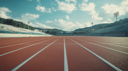 Wide shot of an overseas stadium track and field, empty lanes, with room for text or brandingの素材