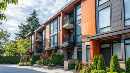 A stylish urban townhouse on a clean street, no people, with plenty of space for text or brandingの素材