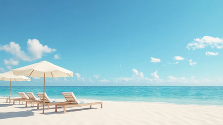 A quiet beach with sun loungers and umbrellas, no people, and ample room for textの素材