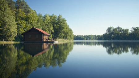 A tranquil lake with a holiday cabin in the distance, no people, and room for textの素材