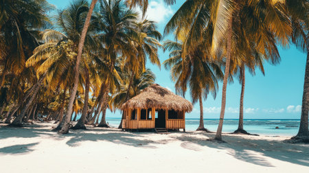 A tropical beach hut under the palm trees, no people, and wide space for copyの素材