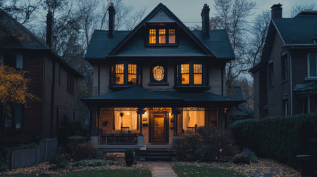 Beautiful Victorian-style house in the heart of the city, soft lighting with room for textの素材