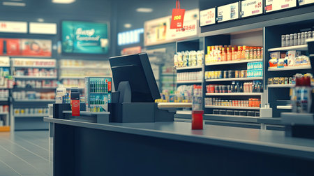 A virtual checkout counter on a digital device, no people, and wide room for copyの素材