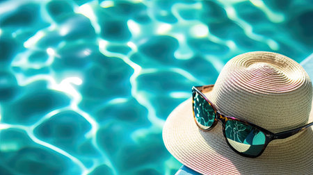 Close-up of a holiday hat and sunglasses by the pool, no people, with ample space for copyの素材