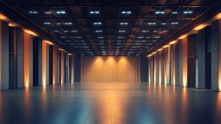 An empty indoor concert hall with elegant lighting and plenty of room for copyの素材