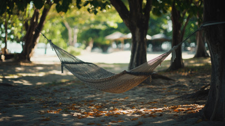 An empty hammock swinging between trees at a beach resort, wide copy space availableの素材
