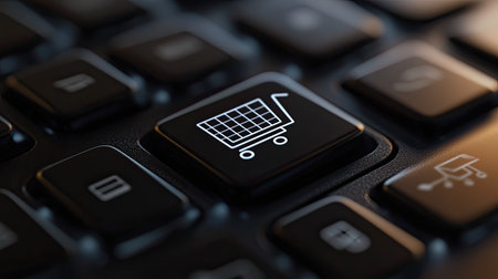 Digital icons representing online shopping and ecommerce, no people, with room for textの素材