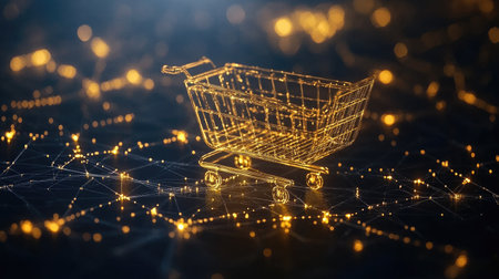 Shopping cart and ecommerce network icons in a 3D abstract background, with space for textの素材