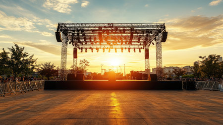 An outdoor concert stage set up at sunset, no audience, ample copy space for brandingの素材