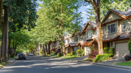 Beautiful townhouse on a quiet street, surrounded by trees, with space for textの素材