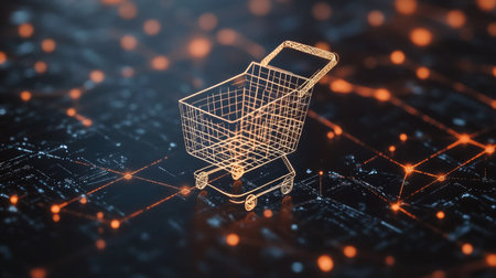 Shopping cart icon floating over a digital network, no people, wide copy space availableの素材