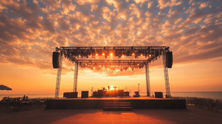 An outdoor concert stage set up at sunset, no audience, ample copy space for brandingの素材
