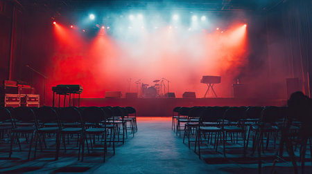 Empty music concert venue with chairs set up, space for text or brandingの素材