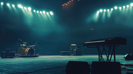 Empty stadium concert setup with stage lights on, no people, and copy space for messageの素材