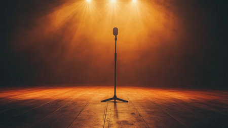 Empty concert stage with a microphone stand and spotlight, wide area for copy spaceの素材