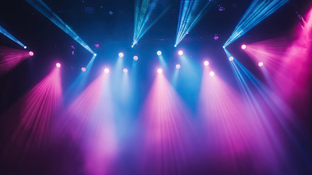 Colorful concert lights beaming over an empty stage, with copy space availableの素材