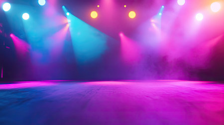 Colorful spotlights on an empty stage at a concert, no performers, and space for copyの素材