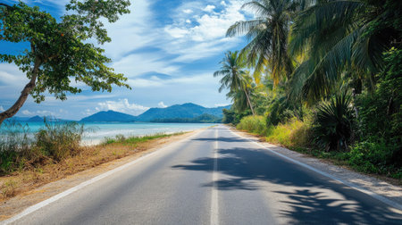 Scenic view of an empty road leading to a holiday destination, wide space for copyの素材